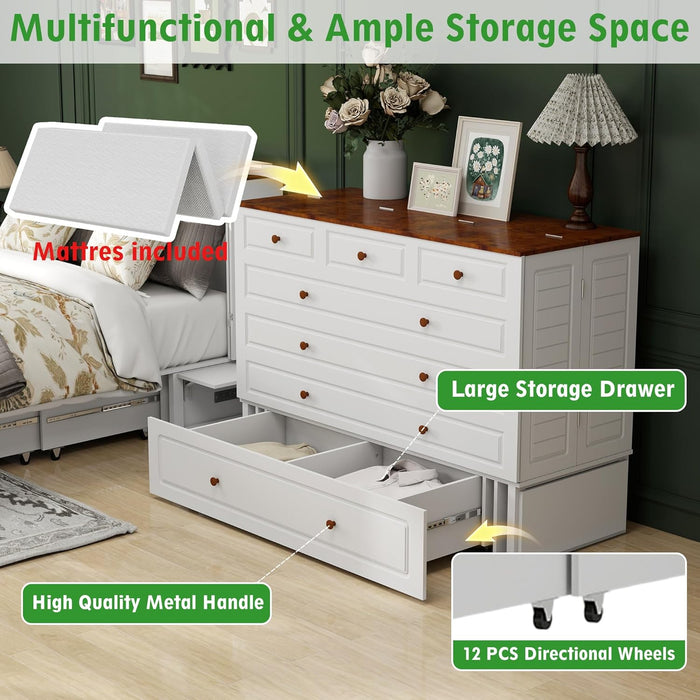 Queen Murphy Bed Included Mattress：Wood Murphy Bed Cabinet with USB Charging Station and Large Storage Drawer for Bedrooms/Guest Rooms/Apartments, White-1