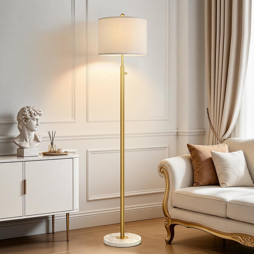 【Upgraded】Dimmable Gold Floor Lamps for Living Room, 11W LED Bulb Included, Modern Standing Lamp with Marble Base, Tall Pole Light with White Linen Shade for Bedroom Reading Office Corner Nursery
