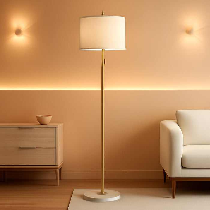 【Upgraded】Dimmable Gold Floor Lamps for Living Room, 11W LED Bulb Included, Modern Standing Lamp with Marble Base, Tall Pole Light with White Linen Shade for Bedroom Reading Office Corner Nursery