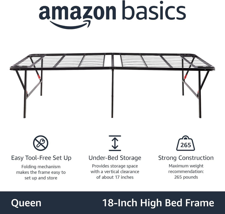 Bed Frame with Storage, Foldable Metal Platform, Sturdy Steel, No Box Spring Needed, 18 Inches High, Tool-Free Setup, Queen Size, Black