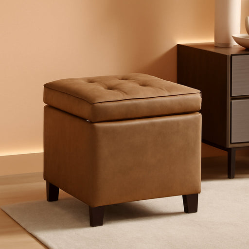 Square Tufted Storage Ottoman - Distressed Brown Faux Leather Small