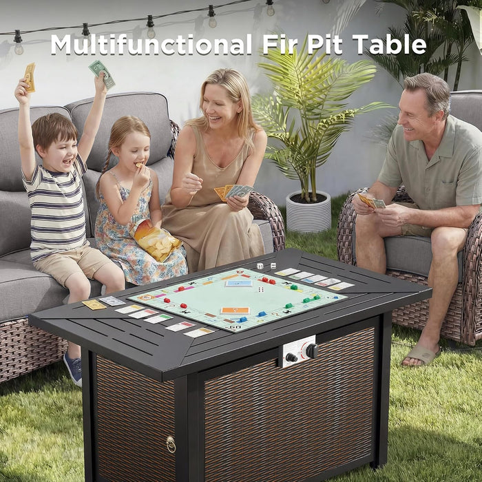 10 Pieces Luxury Patio Furniture Set with 42.5" Fire Pit Table, 6-Inch Thick Cushions Wicker Outdoor Furniture with Swivel Patio Chairs Set of 4, Outdoor Patio Conversation Set for Garden Deck, Gray