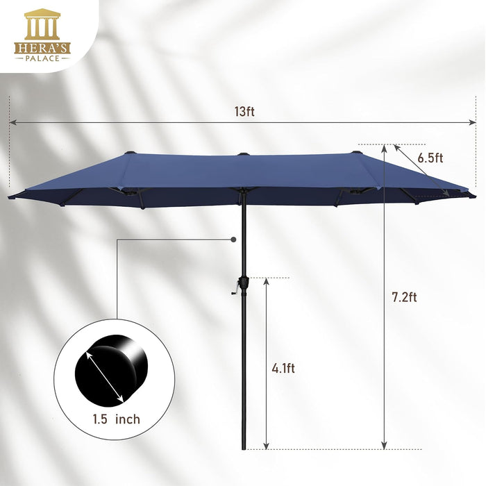 13 Ft Large Patio Umbrella, Double-Sided Twin, Outdoor Market Umbrella with Crank Handle, Powerful UV Protective, Navy Blue