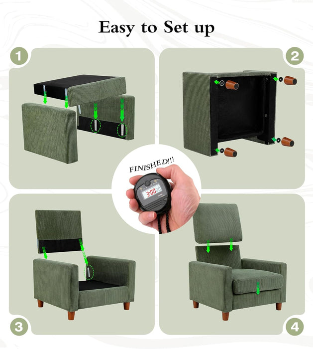 35.5In Corduroy Sofa Accent Chair, Tool-Free Setup Living Room Couch Accent Chairs, Reading Chair for Bedroom 22.5In Extra Deep Seats, Comfy Arm Chairs for Office, All-Wood Reading Nook Green