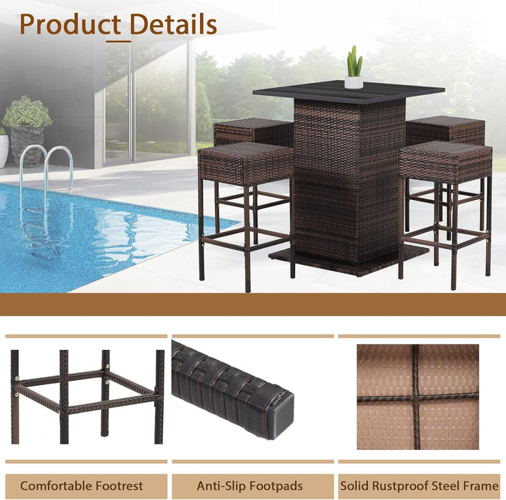 5-Piece Outdoor Bar Set, Wicker Rattan Bar Height Patio Set W/4 Cushion Bar Stools & Table with Hidden Storage, 5PCS Outdoor High Top Table and Chairs Set for Backyard Poolside (Navy Blue)