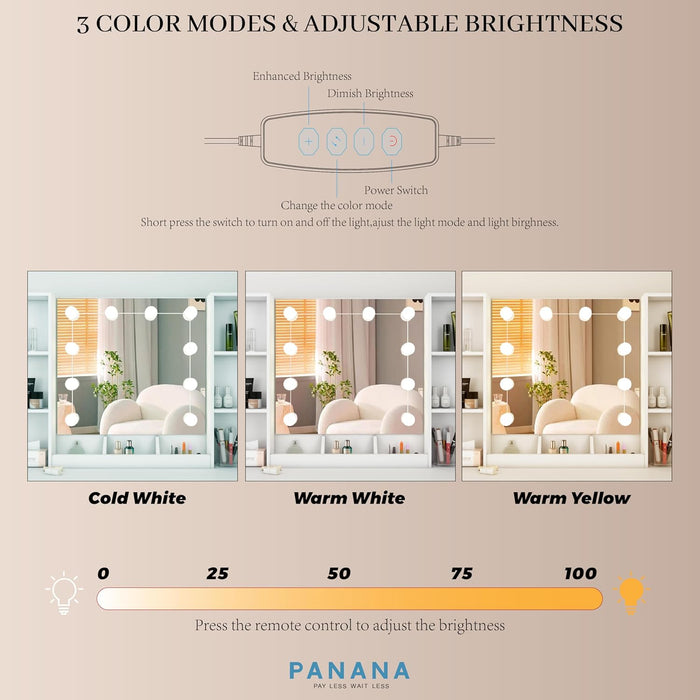 Vanity Desk, Makeup Table with Lights Vanity Set with 3 Drawers, 1 Cabinet & 6 Shelves 3 Lighting Modes Brightness Adjustable Dressing Table with Cushioned Stool for Bedroom, Dressing Room (White)