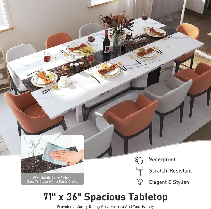 71In Large Rectangular White Dining Table for 4 5 6 7 People W/35In Marble-Color Wood Watrproof Tabletop,Adjustable Leg.6Ft Luxurious Family Dinner Table for Home Kitchen Living Room
