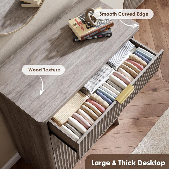 Fluted Dresser for Bedroom with 5 Deep Drawers, 47.2 in Tall Chest of Drawers, Curved Profile Design, Modern Wooden Dresser, for Living Room, Kids Room, Hallway, Grey