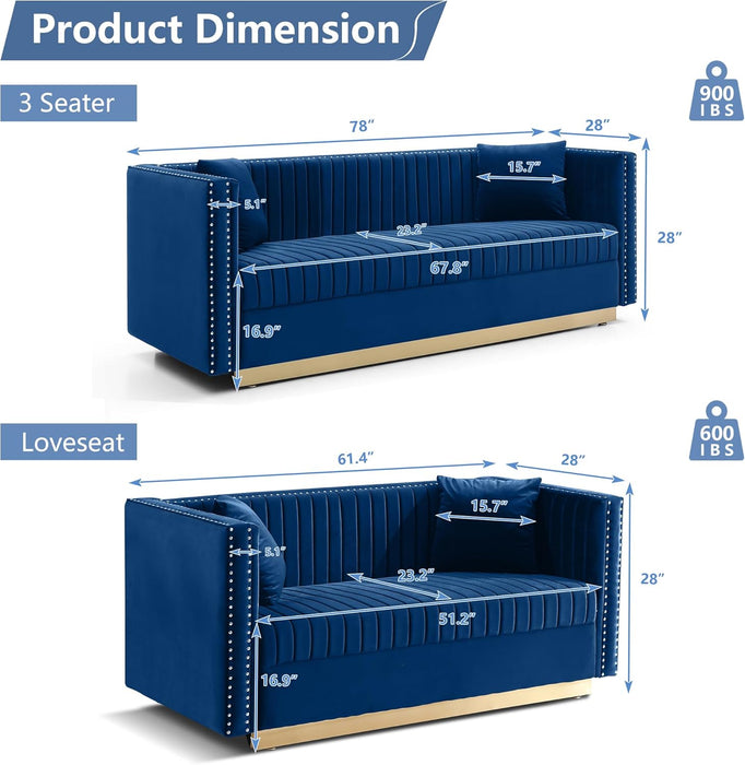 Luxury Velvet Sofa Set for Living Room, Modern Decor Furniture Channel Sofa Couch and Loveseat with Nailhead Gold Metal Legs and 4 Pillows for Bedroom, Hall, Blue