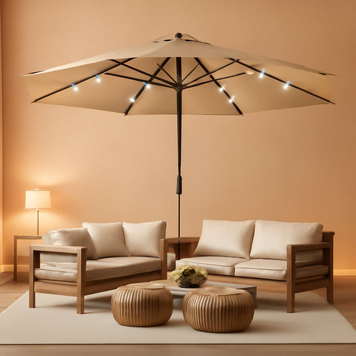 15Ft Patio Umbrella with Solar Lights & Base, Double-Sided, Beige