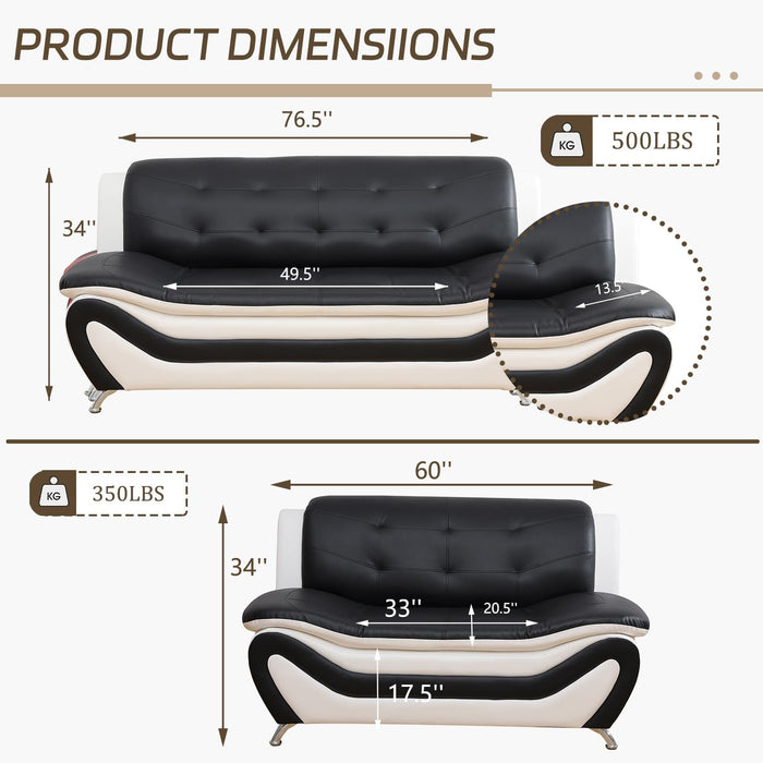 Faux Leather Sofa Couch Set, Living Room Sofa and Loveseat Set, Leather Couch and Loveseat Set for Living Room Office Home (2 Piece Leather Living Room Set, White&Black)