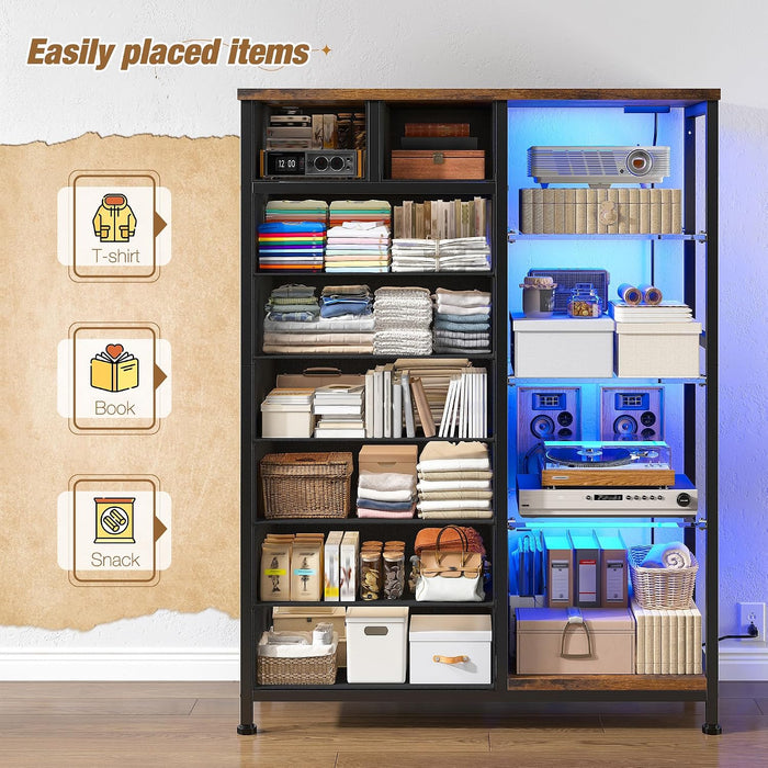 Dresser with LED Lights & Power Outlets, 8 Drawers, 54" H, Brown