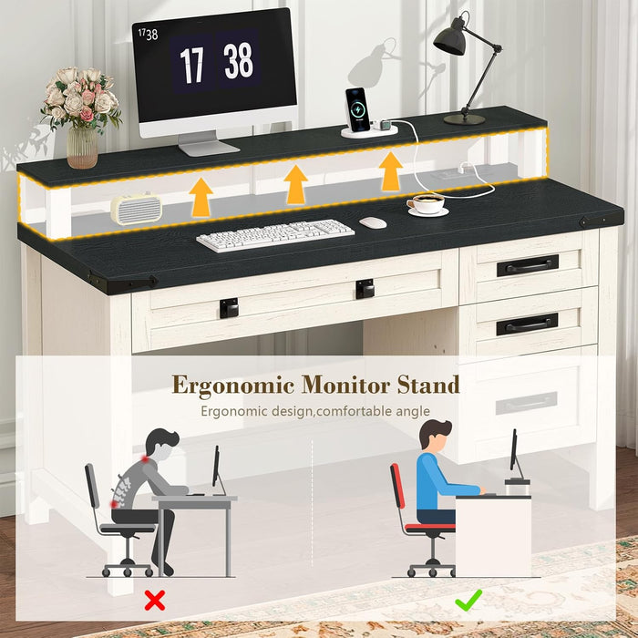 Farmhouse Computer Desk with Drawers, 47" Small Computer Desk with Power Outlets, Home Office Desk with Monitor Stand & 4 Drawers, Writing Study Table, Black & White