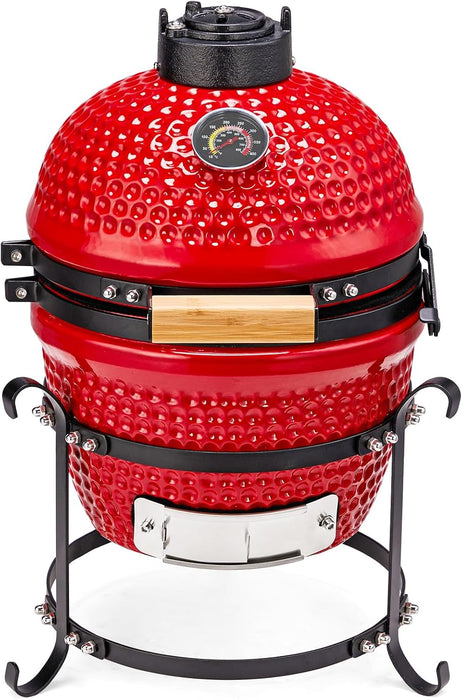 13IN Red Spherical Ceramic Charcoal Grill with Inner Liner, Portable BBQ Smoker for Outdoor Cooking, Camping, and Backyard Grilling