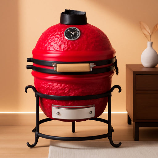 13IN Red Spherical Ceramic Charcoal Grill with Inner Liner, Portable BBQ Smoker for Outdoor Cooking, Camping, and Backyard Grilling