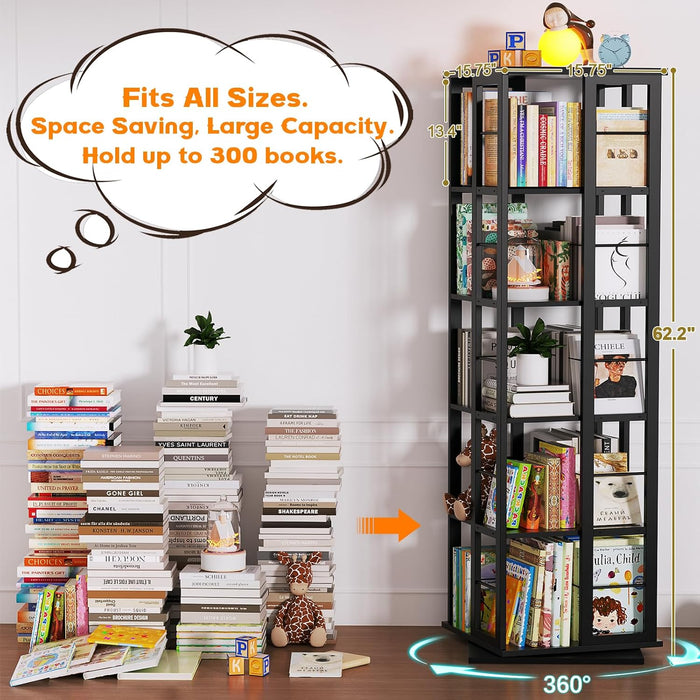 Rotating Bookshelf, Corner Bookcase, 360 Display Wood Spinning Bookshelves, Floor Standing Bookcases Narrow Shelf, 5 Tiers, Black