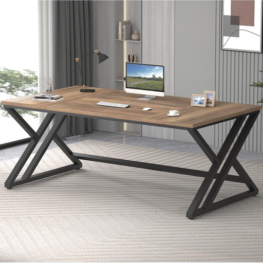 Rustic Large Computer Desk, Industrial Extra Long Home Office Desk, Wood Pc Writing Work Study Computer Table Desk, Farmhouse Workstation Gaming Executive Desk for 2 Person, Rustic Oak, 70 Inch