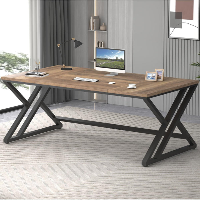 Rustic Large Computer Desk, Industrial Extra Long Home Office Desk, Wood Pc Writing Work Study Computer Table Desk, Farmhouse Workstation Gaming Executive Desk for 2 Person, Rustic Oak, 70 Inch