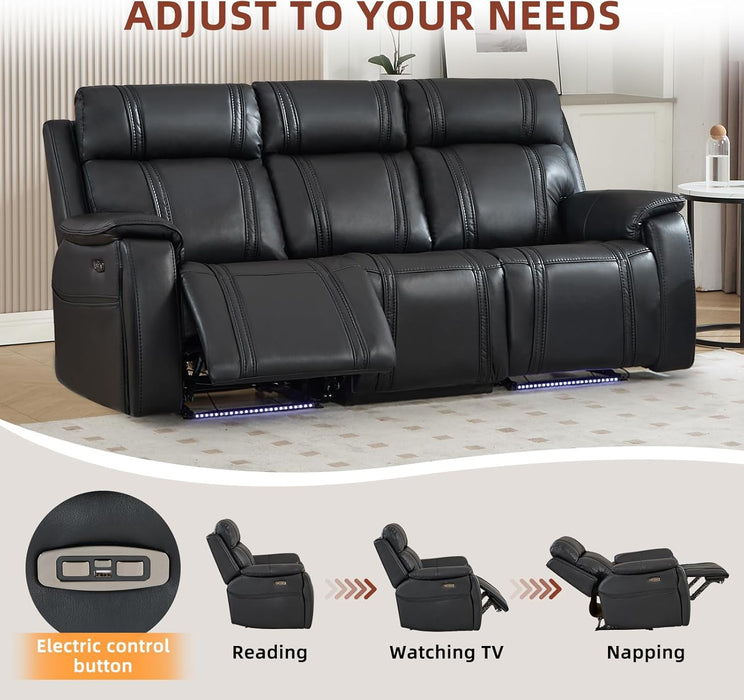 Power Recliner Sofa Set with Flip Middle Backrest, Living Room Furniture Sets, Leather 3 Seater Reclining Sofa Couch with Ambient Lighting, Cup Holders, Side Pocket for Living Room, Black