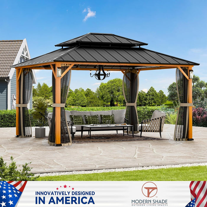 12x14 Weatherproof Gazebo WoodgrainFinish With LEDs