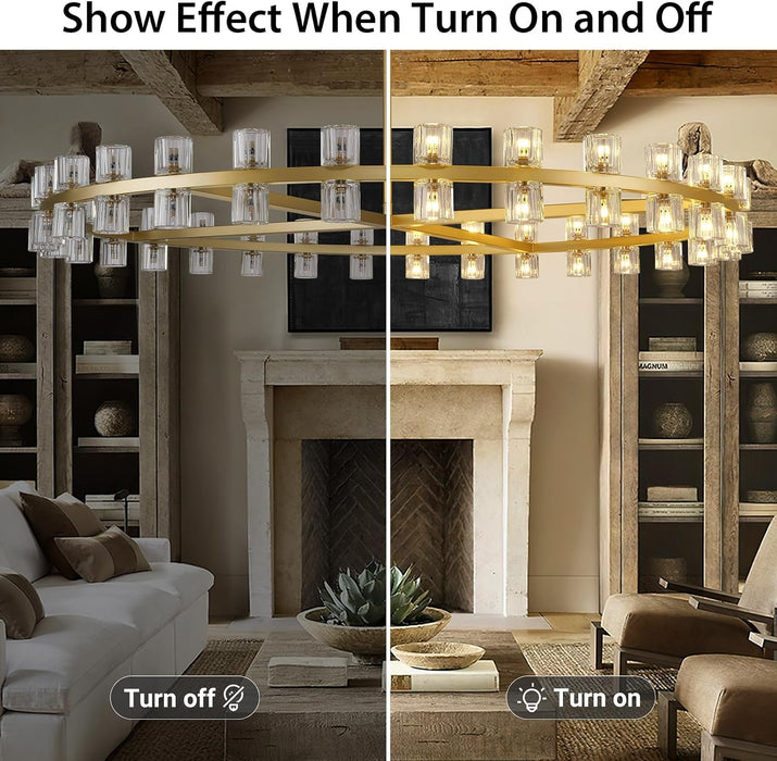 Modern 60 Inch Gold round Chandelier, Extra Large Chandeliers Crystal Chandeliers for Living Room, Large Wagon Wheel Chandelier for Foyer, Staircase, Entrance,Includes Bulb