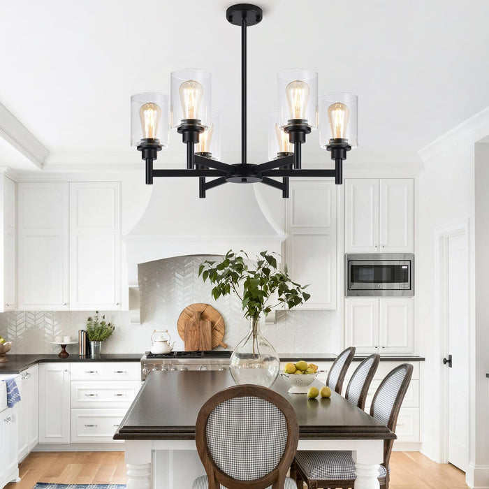 Black Chandeliers, 6 Light Dining Room Light Fixtures over Table, Farmhouse Chandeliers for Dining Room with Clear Glass Shade for Kitchen Island Living Room Bedroom Bathroom, Height Adjustable