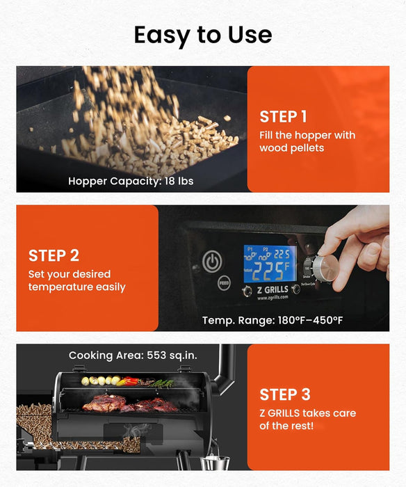 ZPG-550B2 Wood Pellet Grill & Smoker with PID 3.0 Controller, 553 Sq in Cooking Area, Meat Probe, Hopper Cleanout, 8 in 1 BBQ Grill Outdoor Auto Temperature Control, Black