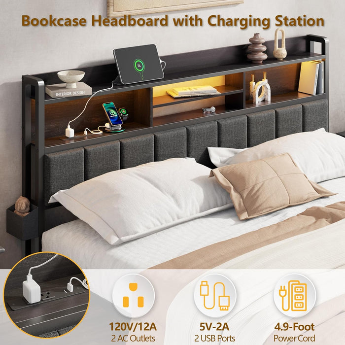 Queen Bed Frame with Storage Drawers, Upholstered Headboard with LED Light & Charging Station, Metal Platform Bed Frame Queen Size, Noise Free, No Box Spring Needed, Black (1200 Lbs Capacity)