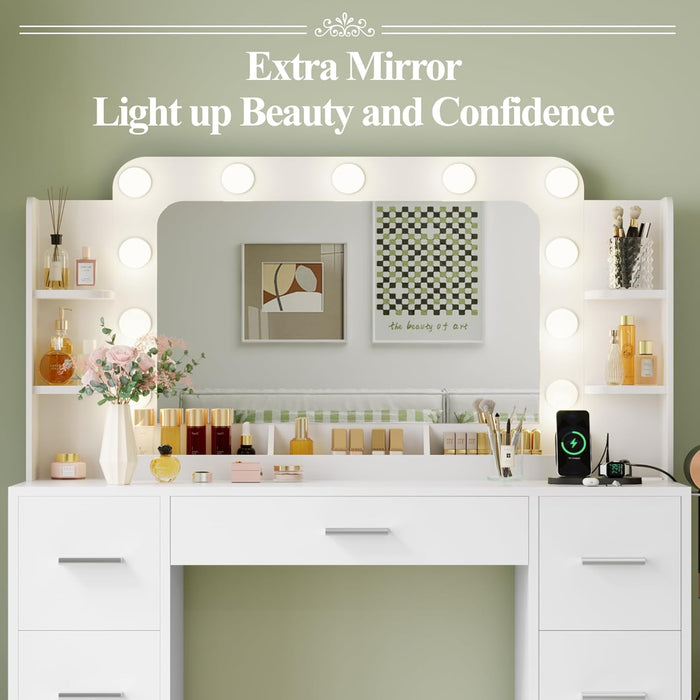 Makeup Vanity Desk with Large Mirror and Lights, Vanity with Power Strip and Hairdryer Holder, 6 Open Shelves and 7 Drawers Modern Dressing Table, for Bedroom (White)