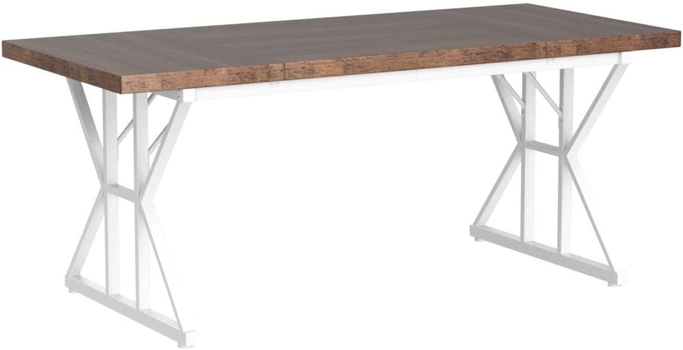 Farmhouse Dining Table for 6 People, 70.8-Inch Rectangular Wood Dining Table, Rustic Kitchen Table with Heavy Duty Metal Legs for Dining Room (Brown/White)