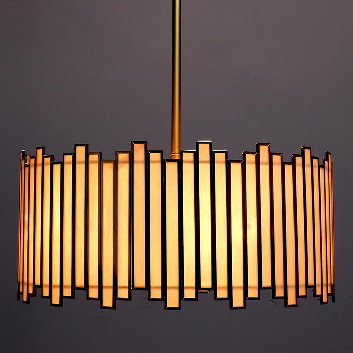 Gold Drum Chandelier 4-Light, Modern Drum Pendant Lighting Fixture with Tiffany Glass Shade, 16” round Ceiling Hanging Light for Bedroom Dining Room Kitchen Entryway Living Room (Gold)