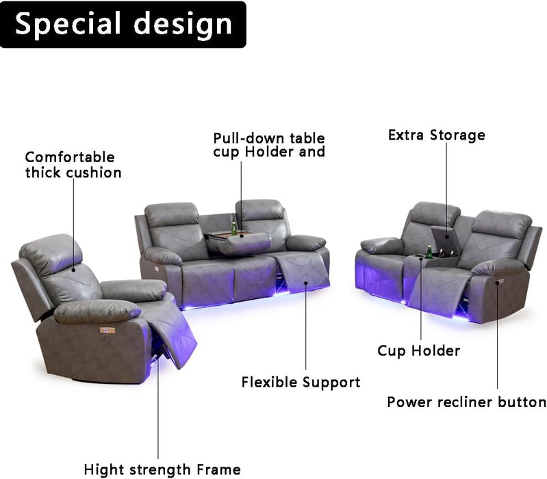 Power Leather Recliner Sofa Sets, 2 Pieces Living Room Furniture Sets with LED Lights, Grey Reclining Sofa Sets with USB Port for House/Office/Rv(A-Grey, Sofa+Loveseat)