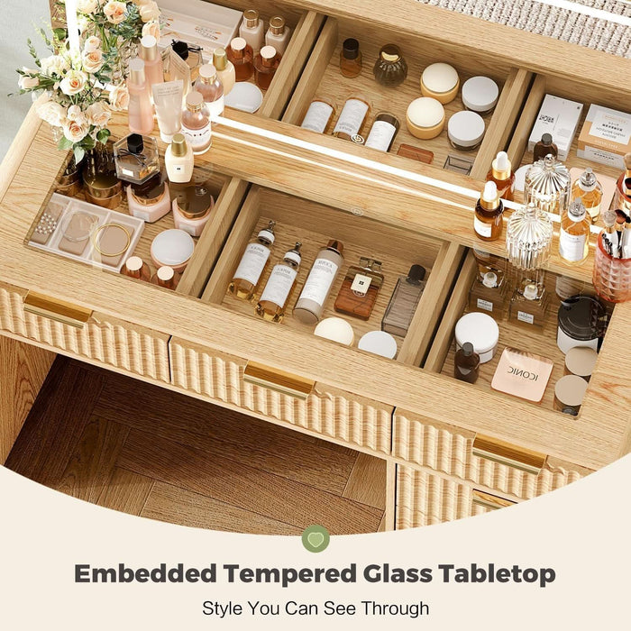 47“Makeup Vanity Desk with 44.8" Mirror and Lights, Vanity Desk with 7 Drawers, Makeup Vanity Table with a Glass Tabletop, 3 Color Modes & Adjustable Brightness Dressing Table, Bedroom,Oak