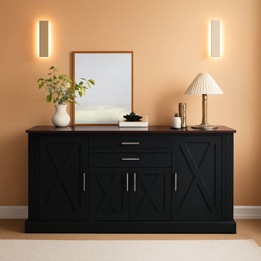 63" Farmhouse Barn Door Sideboard Buffet Cabinet with Storage – 2 Drawers, Adjustable Shelves, Door Rack, Kitchen Buffet, Large Sideboard Buffet Cabinet, Cabinet for Dishes, Black