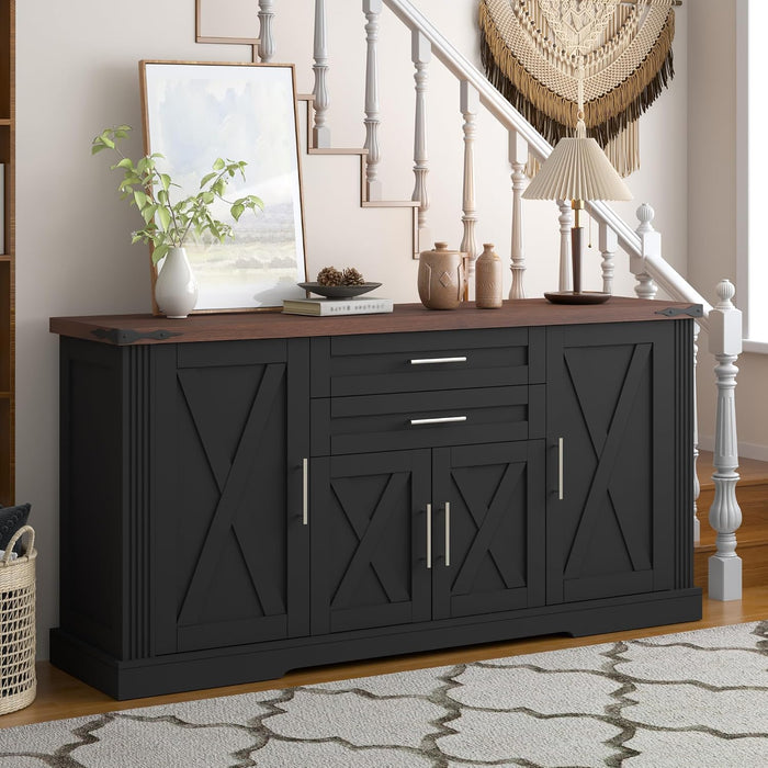 63" Farmhouse Barn Door Sideboard Buffet Cabinet with Storage – 2 Drawers, Adjustable Shelves, Door Rack, Kitchen Buffet, Large Sideboard Buffet Cabinet, Cabinet for Dishes, Black