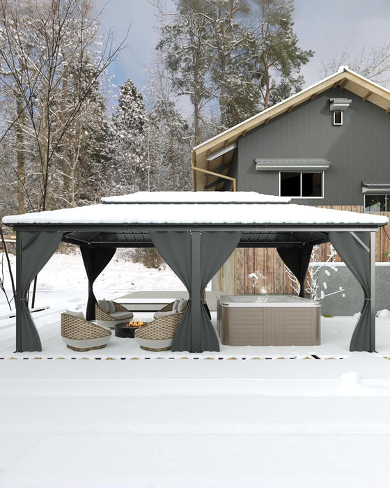 Hardtop Gazebo 12 Ft X20 Ft for All Weather, with Double Metal Roof, Net, and Curtain, Permanent Building for Patio, Deck, Backyard, Lawn, and Garden