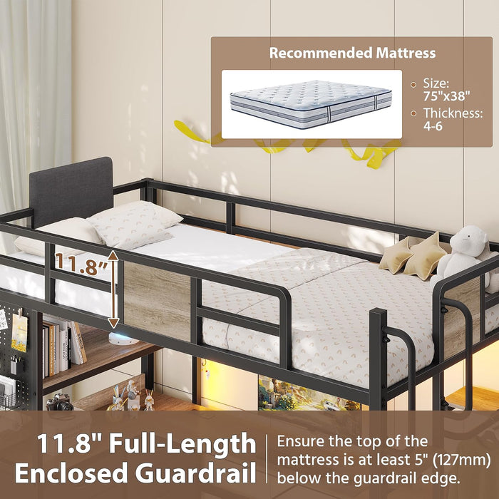 Twin Loft Bed with Desk and 5 Storage Drawers,Loft Bed Twin Size with LED Lights and Charging Station, Metal Bunk Bed Frame with Ladder, Clothes Rail,Noise Free,Oak Gray