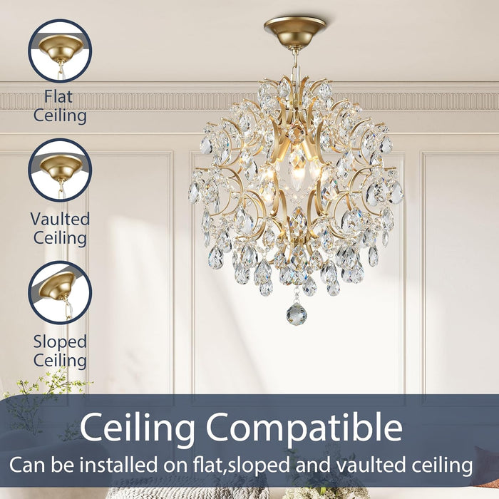 Modern Gold Pendant Chandelier Crystal Raindrop Lighting Ceiling Light Fixture Lamp for Dining Room Bathroom Bedroom Livingroom Entryway 3 E12 Bulbs Required D16 in X H18 In