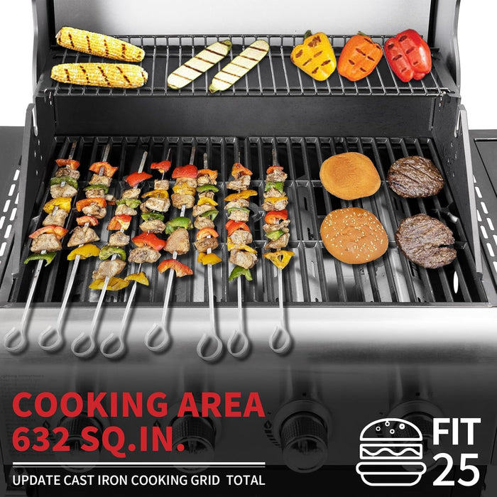 4-Burner Propane Gas BBQ Grill with Side Burner, Barbecue Gas Grill with Enameled Cast Iron Grates for Outdoor Patio Garden Barbecue, 53,000 BTU, Stainless Steel Grill Cover Included