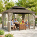 10' X 14' Hardtop Gazebo with UPF50+ Double Galvanized Steel Roof Canopy, Aluminum Frame Permanent Outdoor Gazebo with Curtains and Netting, Ceiling Hooks, Brown
