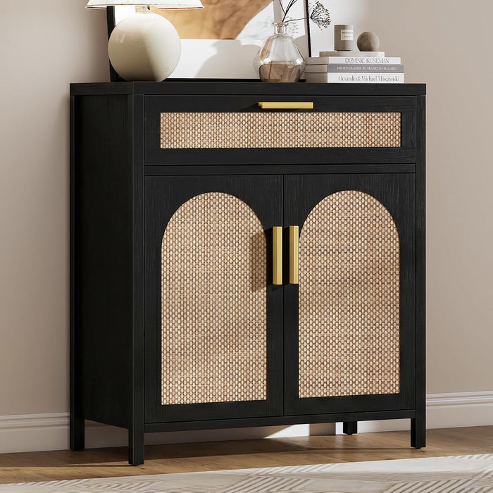 Rattan Buffet Cabinet with Storage, Sideboard Cabinet with Doors and Shelves, Accent Coffee Bar with Drawers, Farmhouse Kitchen Storage Cabinets, Credenza for Entryway, Living Room Black