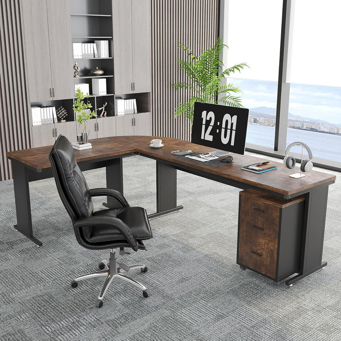 83" L-Shaped Executive Desk, Large Office Desk with Drawers, Industrial Corner Computer Table with Rolling File Cabinet, Business Workstation for Home Office (Brown, 83 Inches)