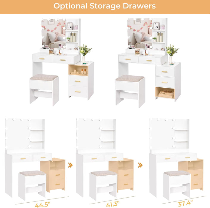Makeup Vanity Desk with Mirror and 10 LED Lights, White Vanity with Power Outlet, 5 Drawers & Shelves, 3 Light Modes, Dressing Table with Stool for Bedroom UBDT58W