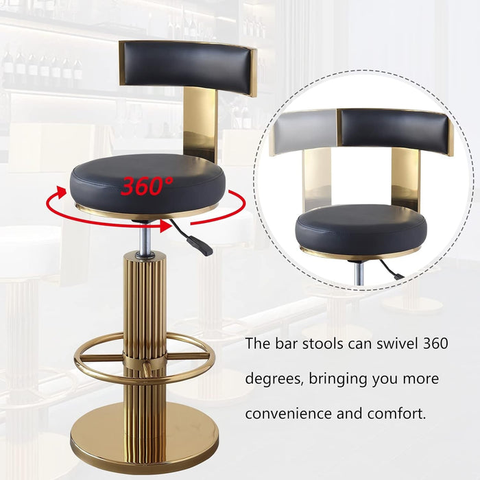 Swivel Bar Stools with Backrest, Modern Adjustable Height Counter Stool with Metal Legs and Comfortable Cushion, Black and Gold Bar Chair for Kitchen Island Counter (Black)