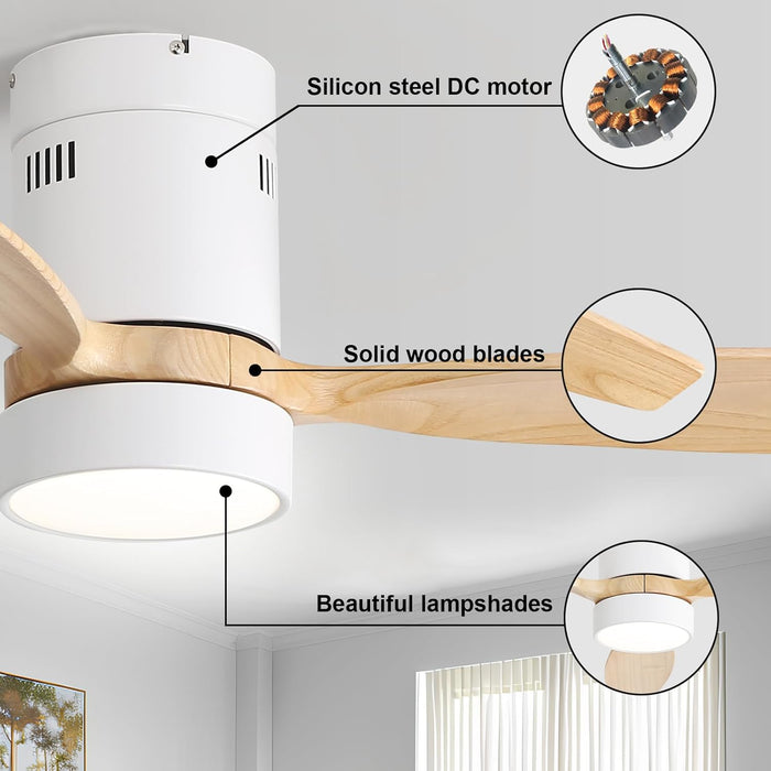 52 Inch Wood Low Profile Ceiling Fans with Lights and Remote, Modern Flush Mount Quiet Ceiling Fan for Bedroom, Reversible DC Motor for Living Room/Farmhouse/Patio/Indoor/Outdoor(White+Wood)