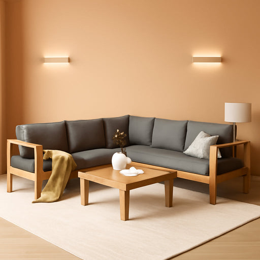 4 Pieces Patio Furniture Set, Outdoor L-Shaped Sectional Sofa Set with Coffee Table, Acacia Wood Conversation Seating & Thick Cushions and Side Table, for Backyard, Garden and Poolside, Grey