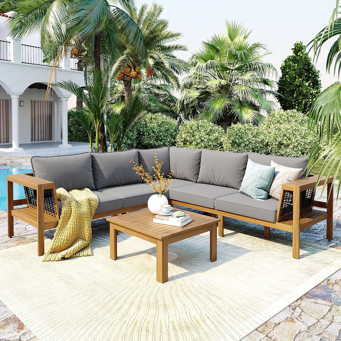 4 Pieces Patio Furniture Set, Outdoor L-Shaped Sectional Sofa Set with Coffee Table, Acacia Wood Conversation Seating & Thick Cushions and Side Table, for Backyard, Garden and Poolside, Grey