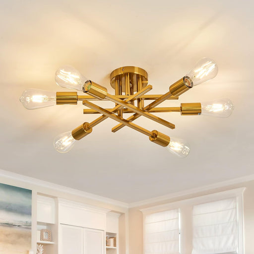 6-Lights Semi Flush Mount Ceiling Light Fixture Gold Modern Matte Sputnik Chandelier Vintage Ceiling Lamp Farmhouse for Kitchen Bedroom Dining Room Living Room with E26 Bulb Base