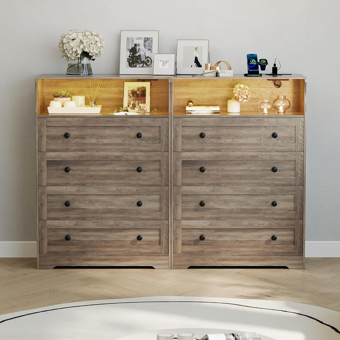 Tall Dressers with 4 Drawer Storage and LED Lights, Gray Wood Chest of Drawers with Charging Station for Bedroom, Living Room, Closet, Hallway, Wooden Nightstand Dresser for Bedside