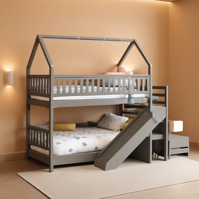 House Bunk Bed Twin over Twin with Slide & Stairs, Wood Bunk Bed with Storage Shelves, No Box Spring Needed, Twin Floor Bed for Kids Teens Boys Girls (Grey)